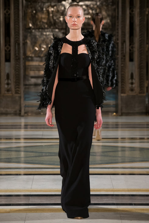 DRESS WITH EMBROIDERED CAPE DETAILS - Barrus London